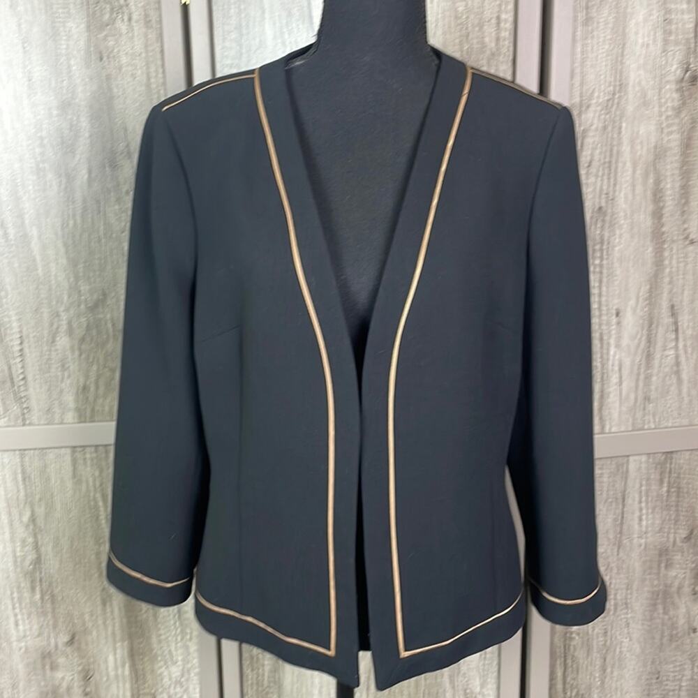 Coldwater Creek black/gold trim open front blazer women's 14